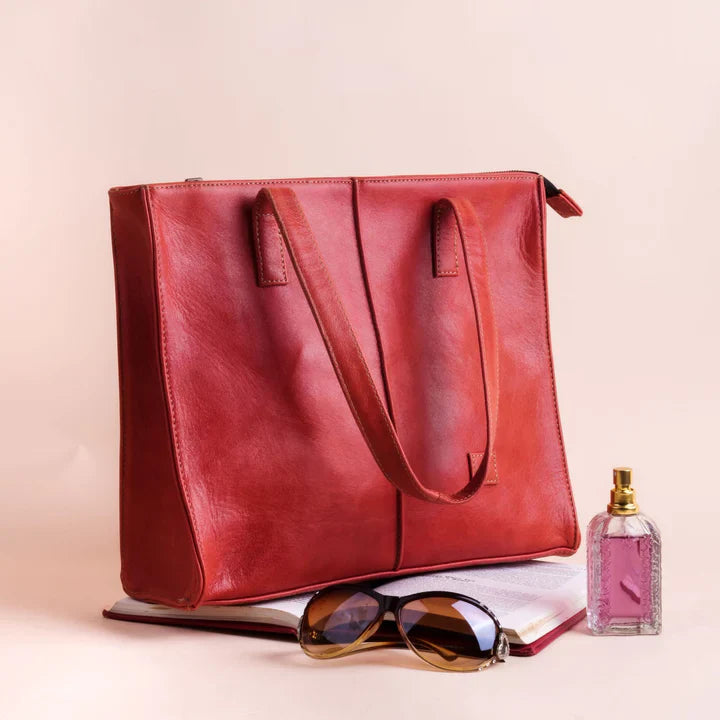 Everyday Women’s Leather Zipper Tote Bag- Candy Red PB-TB-0021