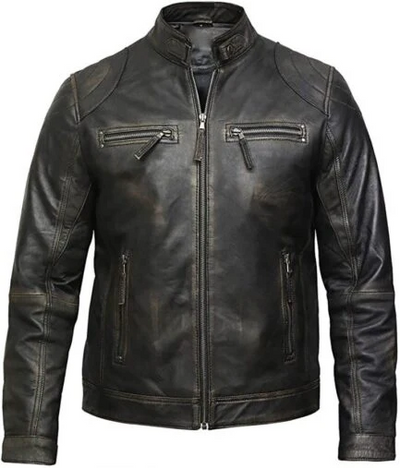 Men Plain Black Vintage Leather Jacket-PB-JK010