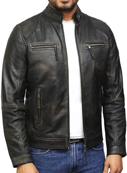 Men Plain Black Vintage Leather Jacket-PB-JK010