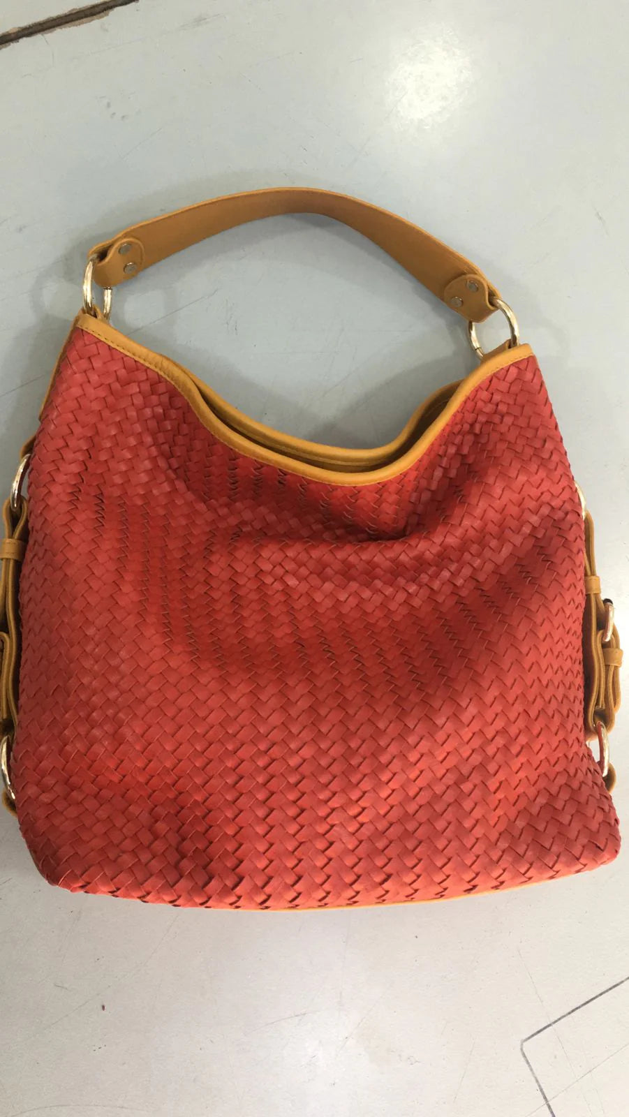 Turkish Red Women Leather Basket Tote Bag–Herringbone Zipper Bag-PB-TB-0019