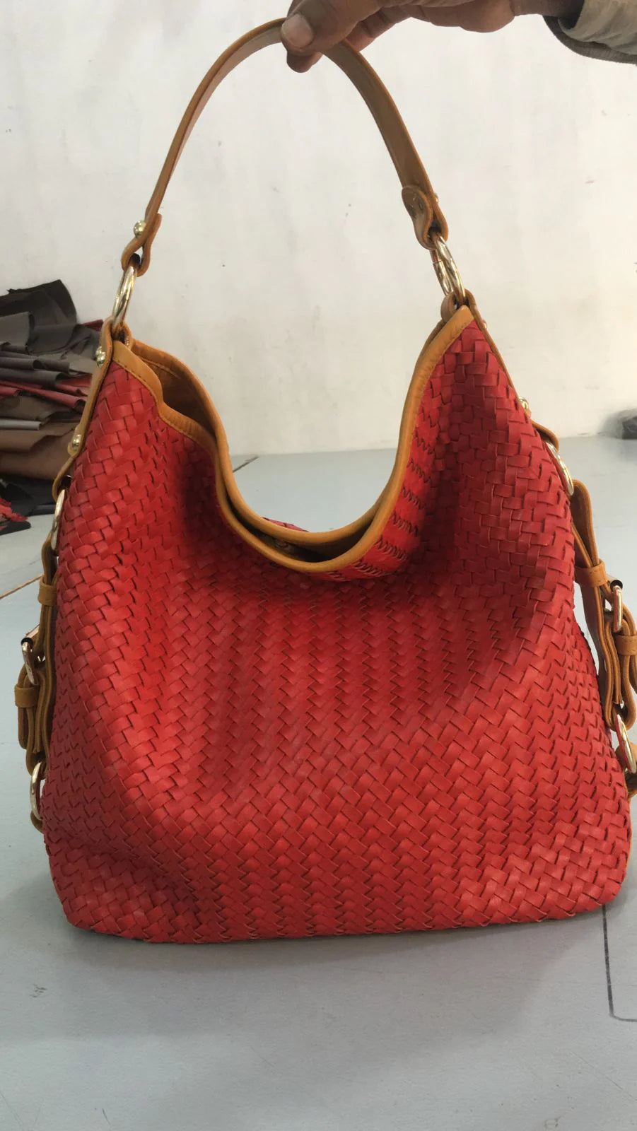 Turkish Red Women Leather Basket Tote Bag–Herringbone Zipper Bag-PB-TB-0019