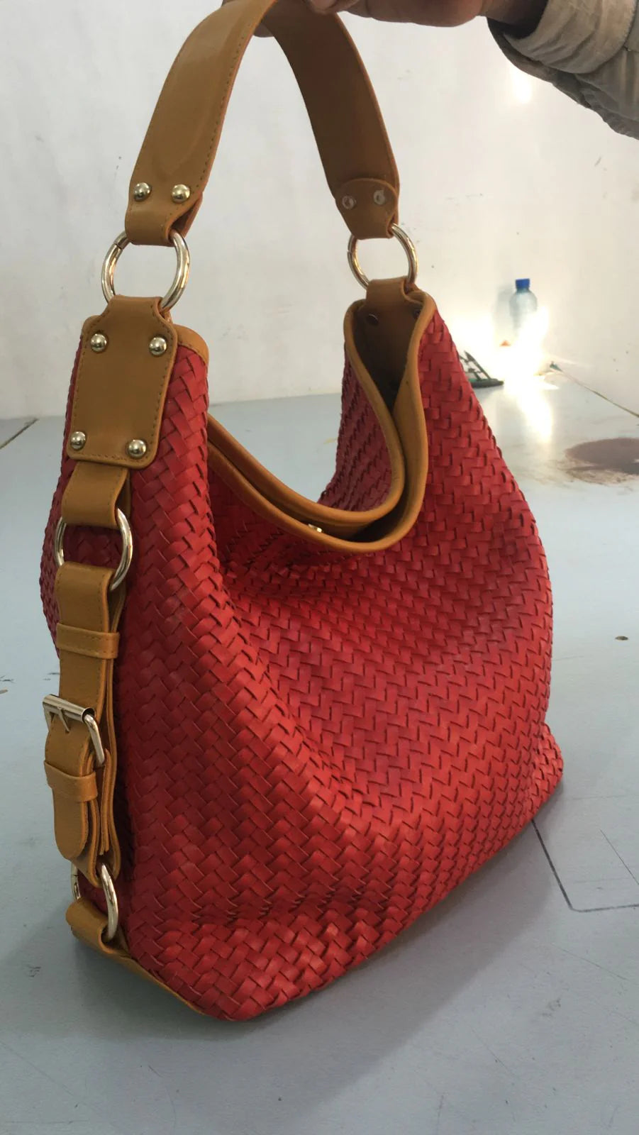 Turkish Red Women Leather Basket Tote Bag–Herringbone Zipper Bag-PB-TB-0019