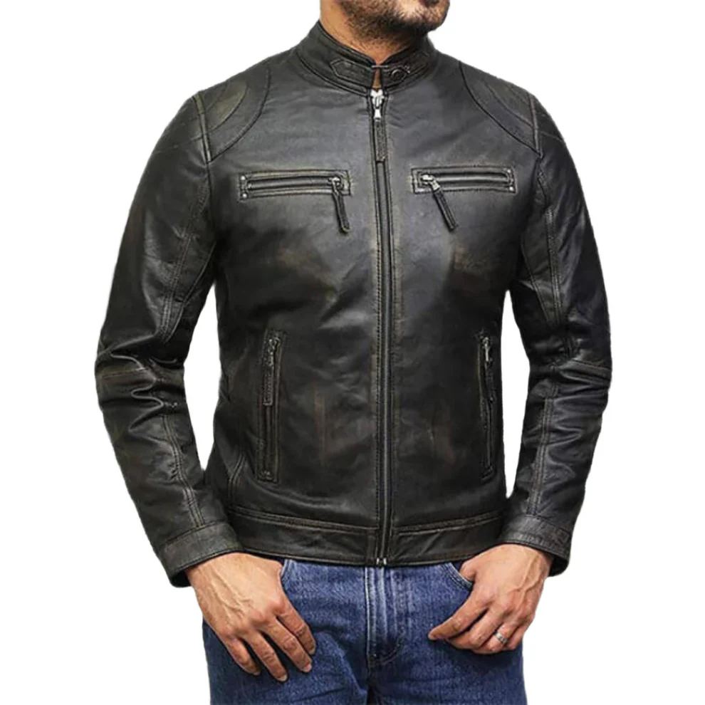 Men Plain Black Vintage Leather Jacket-PB-JK010