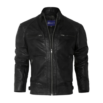 Mens Distressed Black Motorcycle Leather Jacket-PB-JK001