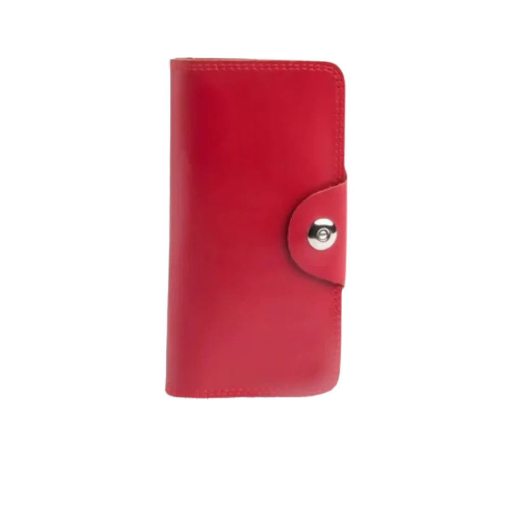 Tri-Fold Pure Leather Long Wallet With Button Closure-RED-PB-LW-0010