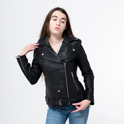 Lambskin Black Biker Jacket With Belt-WJ-004