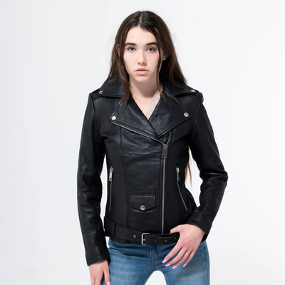 Lambskin Black Biker Jacket With Belt-WJ-004