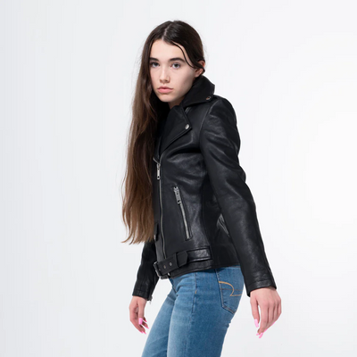 Lambskin Black Biker Jacket With Belt-WJ-004