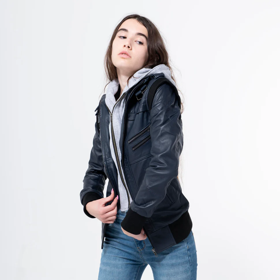 Lambskin Blue Jacket With Hood-WJ-005