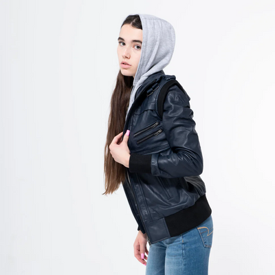 Lambskin Blue Jacket With Hood-WJ-005