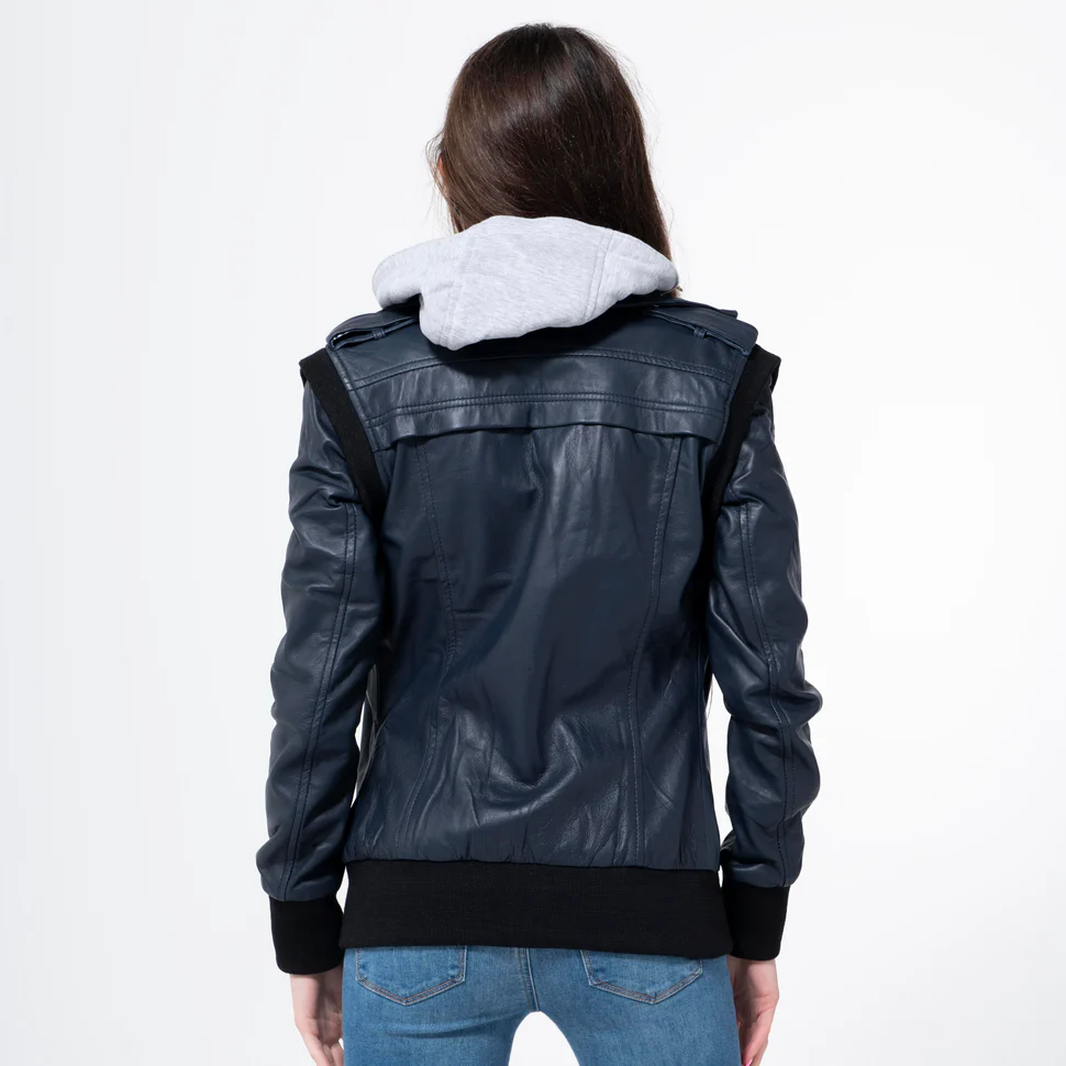 Lambskin Blue Jacket With Hood-WJ-005