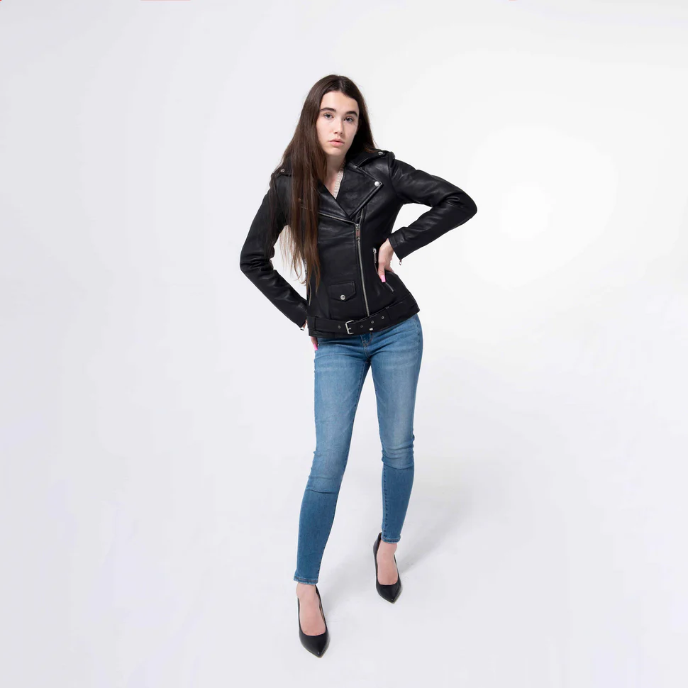 Lambskin Black Biker Jacket With Belt-WJ-004